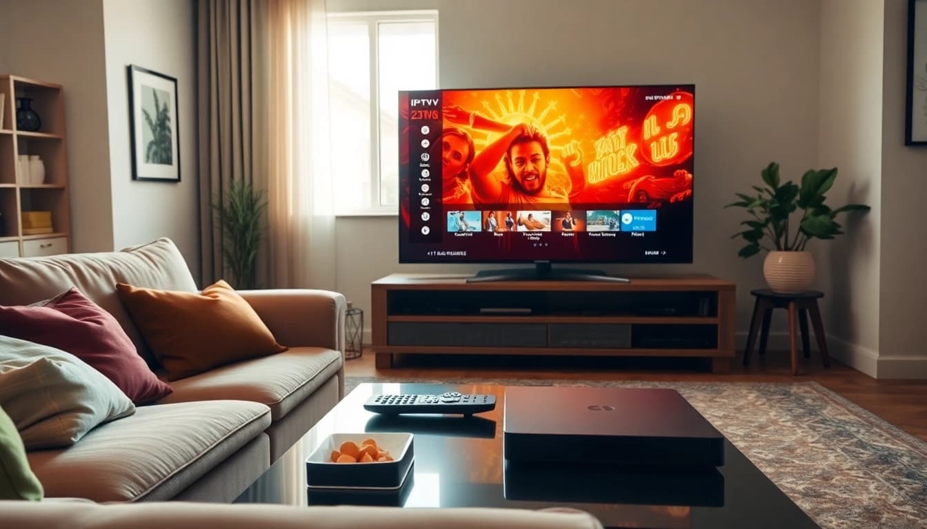 Experience high-quality iptv Canada streaming in a cozy living room with vibrant channels.