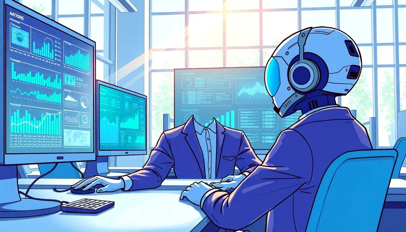 Visualize AI agents efficiently processing data within a high-tech workspace.