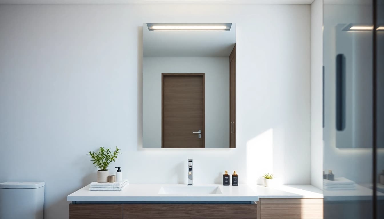 Entdecken Sie elegante badezimmer spiegelschränke beleuchtung in einem modernen Badezimmer.