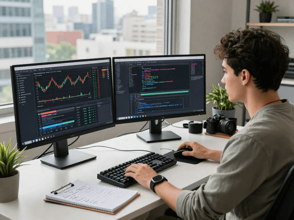使用美股WebSocket推送接口的实时股市数据开发环境，软件工程师专注于工作，周围设备现代且高效。