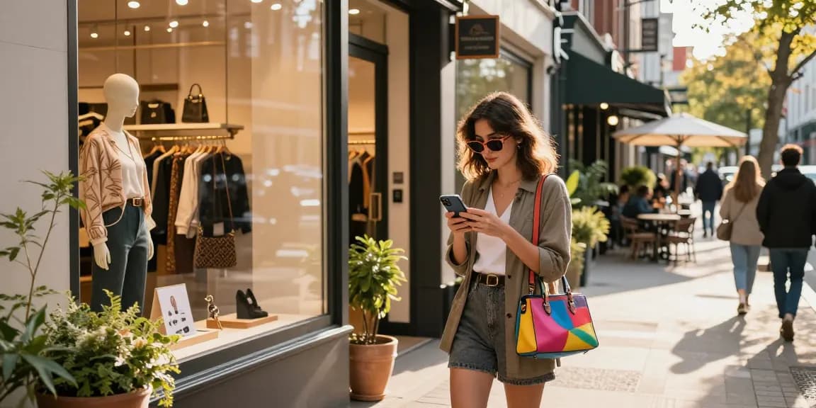 Shopper engaging with https://www.bdtjl.app/ on her smartphone outside a trendy boutique.