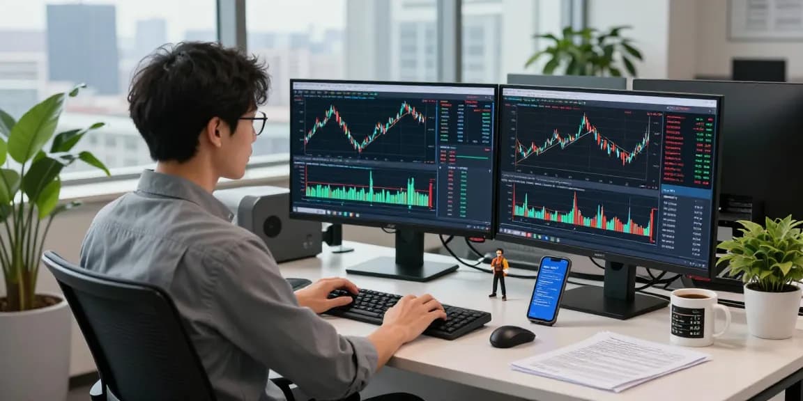 Focused trader engaged with MetaTrader 5 platform in a high-tech environment showcasing live market analysis and trading.