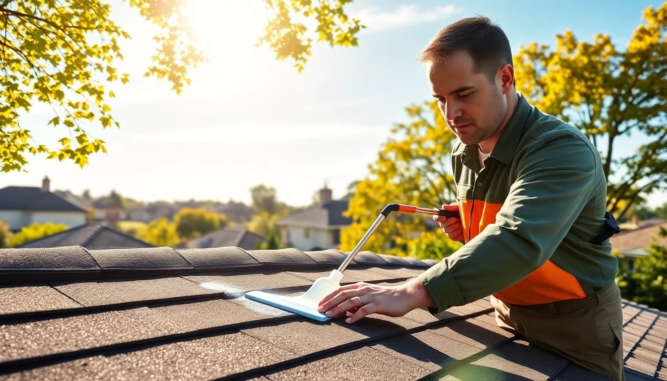 Effective roof cleaning process showcasing a technician removing debris and stains from an asphalt roof.