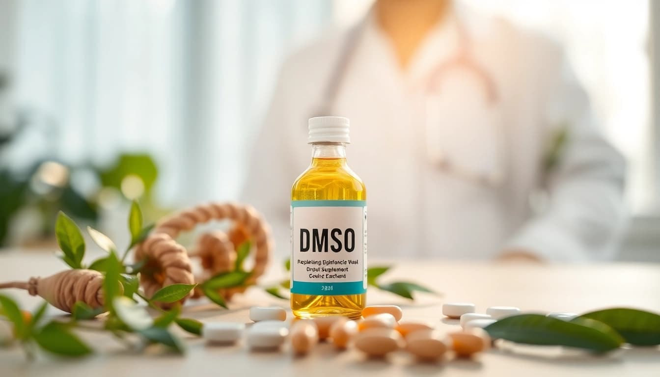 Showcase DMSO supplement glass vial in a healing-oriented environment.