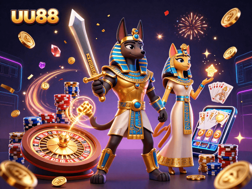 uu88 features thrilling gameplay with Anubis and Bastet amid dynamic casino elements.