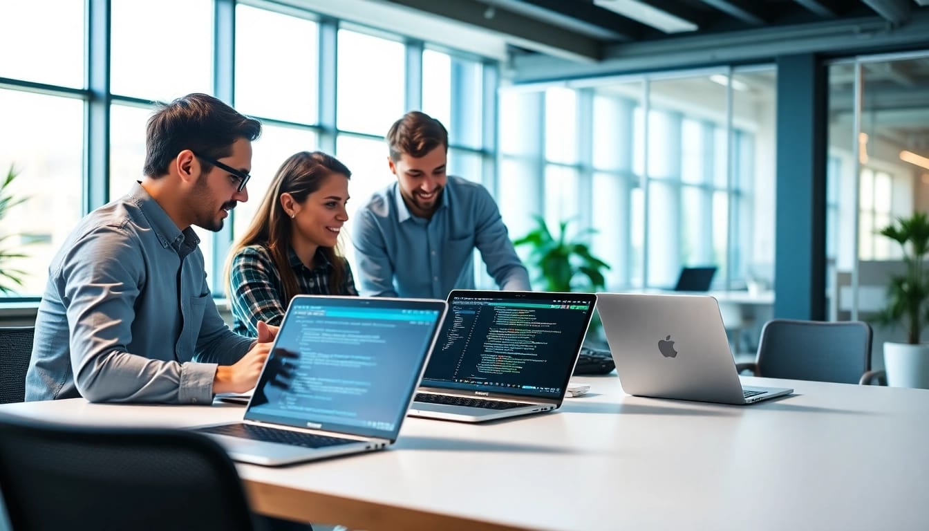 Illustration of Headless Shopify development with developers collaborating in a modern space.