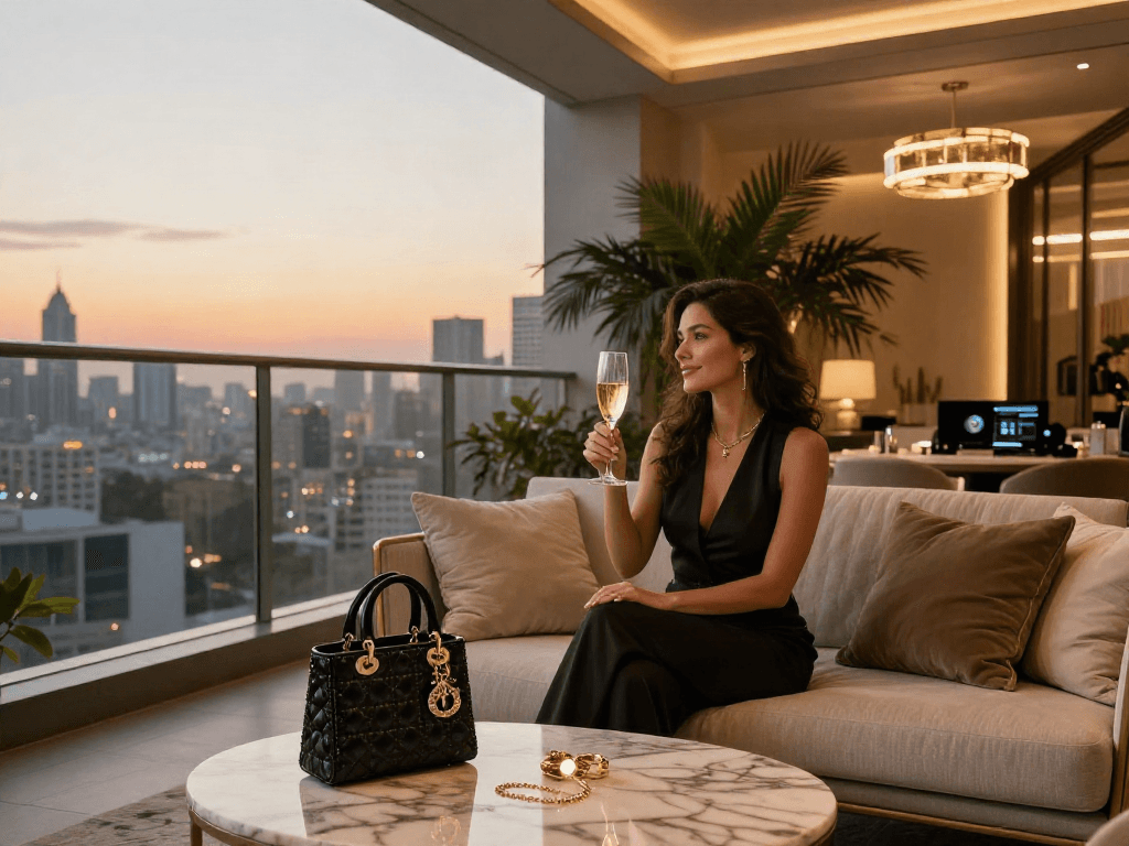 LUXURY111 dalam suasana hidup mewah di penthouse modern, individu elegan menikmati champagne di balkon dengan pemandangan kota.