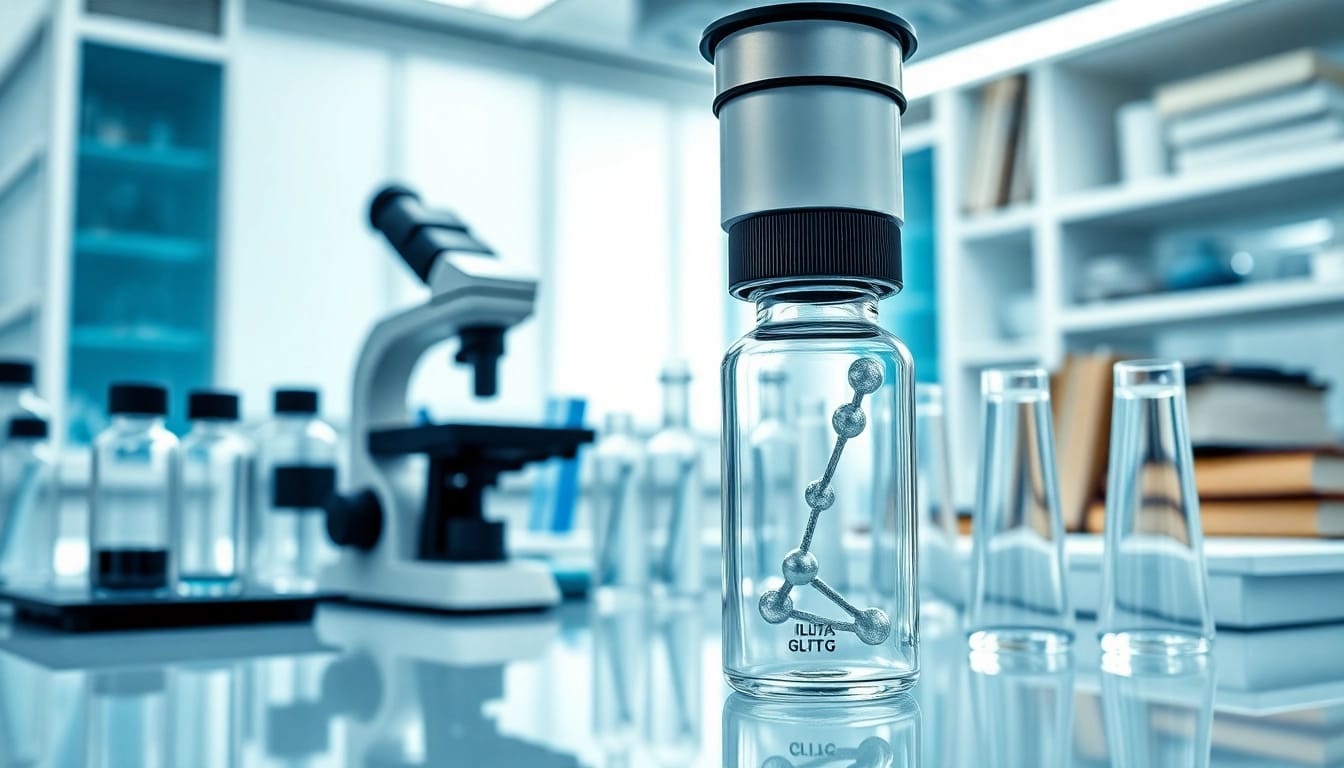 Highlighting gluta peptides in a professional lab setup with test tubes and a microscope.
