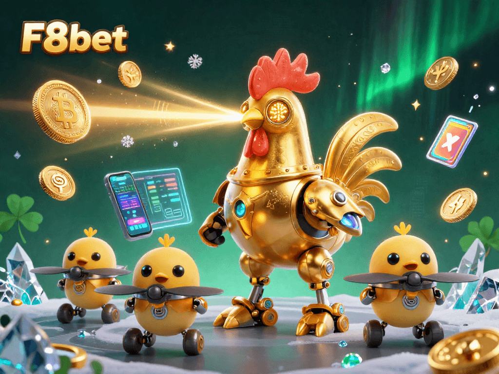 Experience F8bet's vibrant casino world with a futuristic golden rooster robot and baby chick drones!