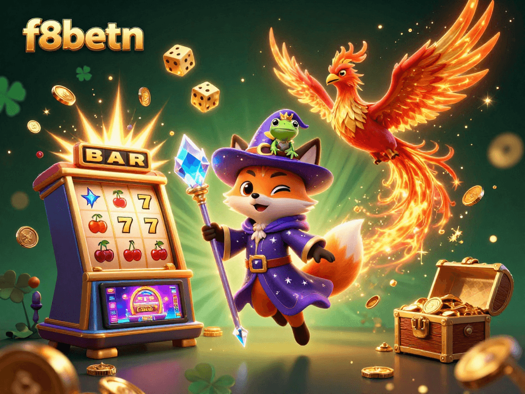 Experience thrilling gaming adventure at f8betn with a mystical wizard, phoenix, and slot machines.