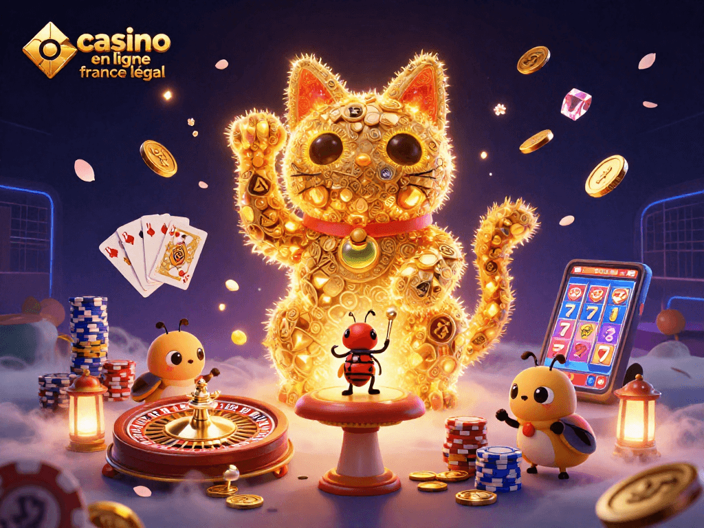 Vibrez avec le casino en ligne France légal et sa chance inégalée, accompagné d’un chat porte-bonheur et d’éléments captivants.