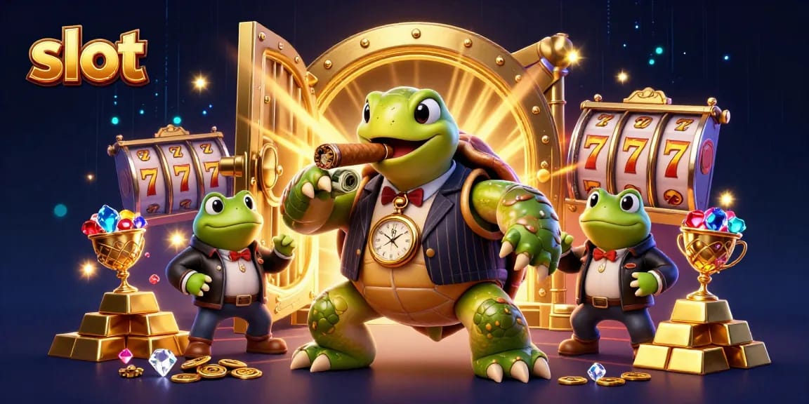 Engage in thrilling slot games with a dynamic scene showcasing a snapping turtle and bullfrogs amid sparkling treasures.