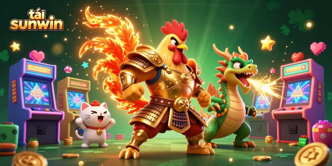 Play tải sunwin with a vibrant 3D illustration showcasing a rooster warrior and dragon amidst gaming excitement.