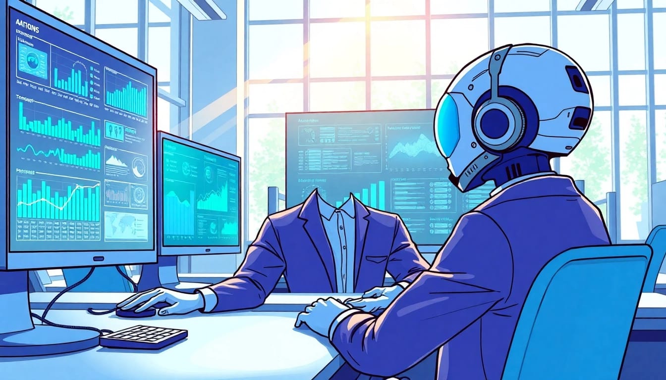 Visualize AI agents efficiently processing data within a high-tech workspace.