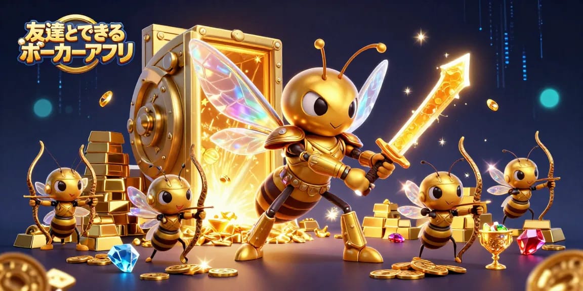 友達とできるポーカーアプリで楽しむポーカーの3Dイラスト。戦略を駆使して勝利を目指すシーン。