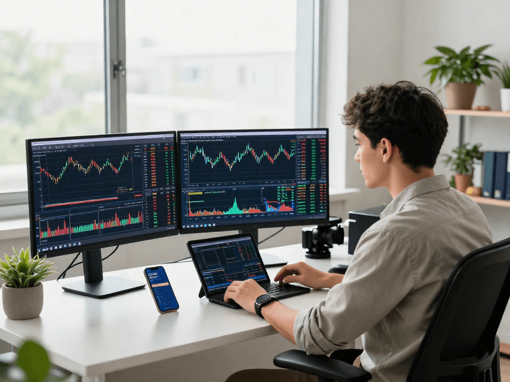 Trader using metatrader 5 in a modern trading environment with multiple monitors and market data.