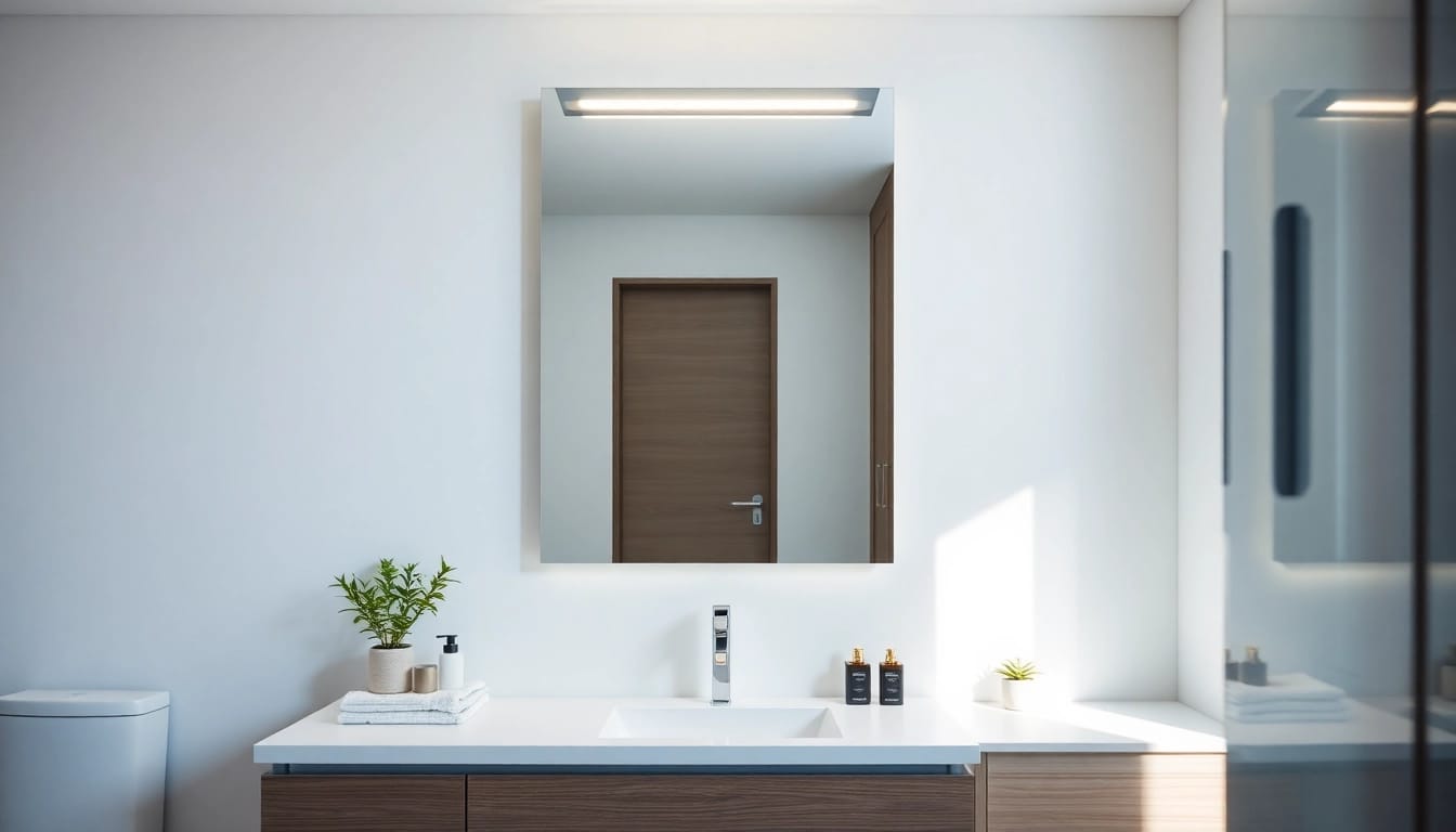 Entdecken Sie elegante badezimmer spiegelschränke beleuchtung in einem modernen Badezimmer.