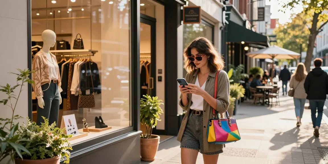 Shopper engaging with https://www.bdtjl.app/ on her smartphone outside a trendy boutique.