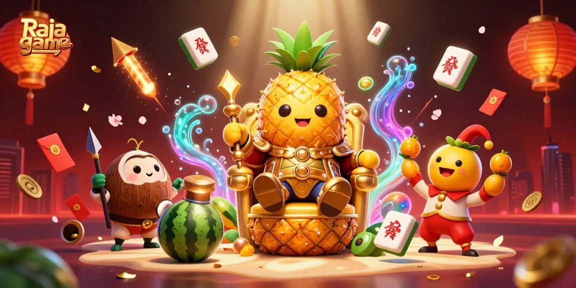 Raja game depicts a vibrant casino scene with the golden pineapple king surrounded by dynamic elements, enhancing engagement.