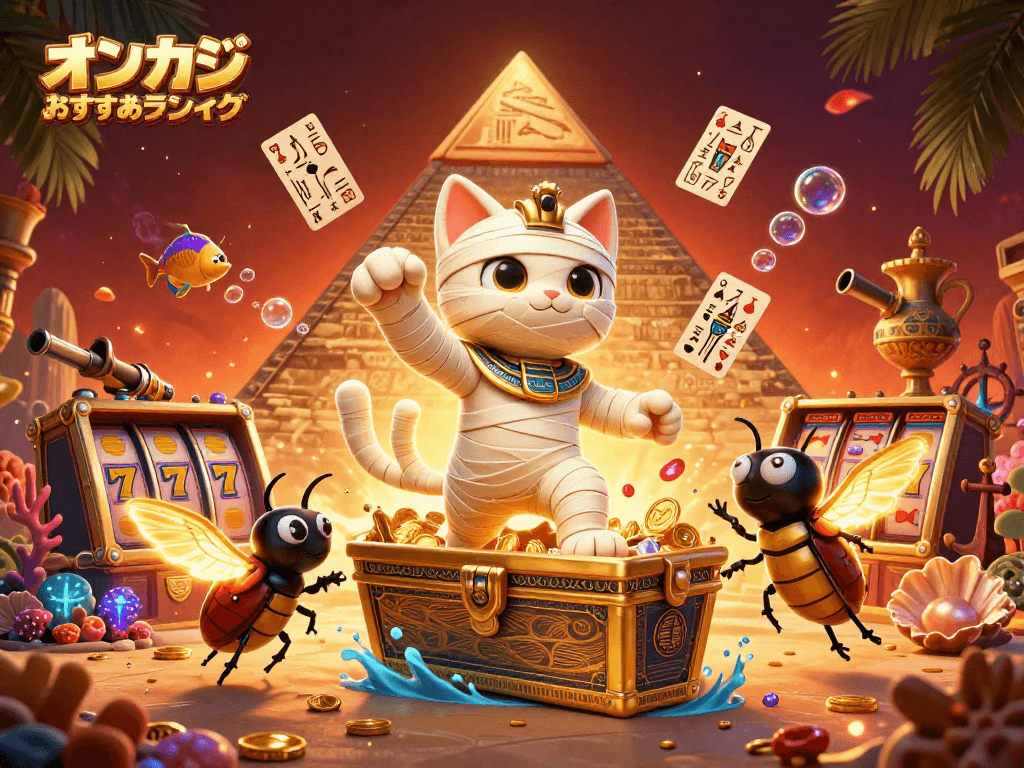 この画像は、オンカジ おすすめランキングの紹介を単に示すもので、エジプトのミイラキャットが黄金の棺から飛び出し、カジノのシーンを演出している。