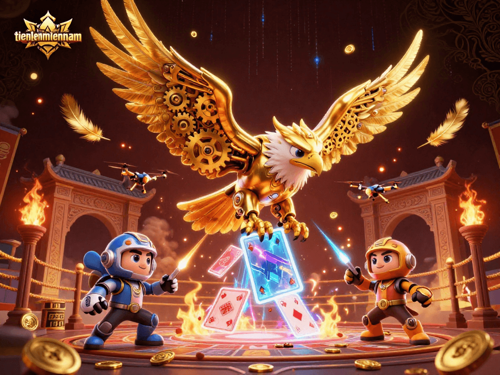 Experience exhilarating gameplay in tienlenmiennam with a cybernetic eagle amid a dynamic casino scene.