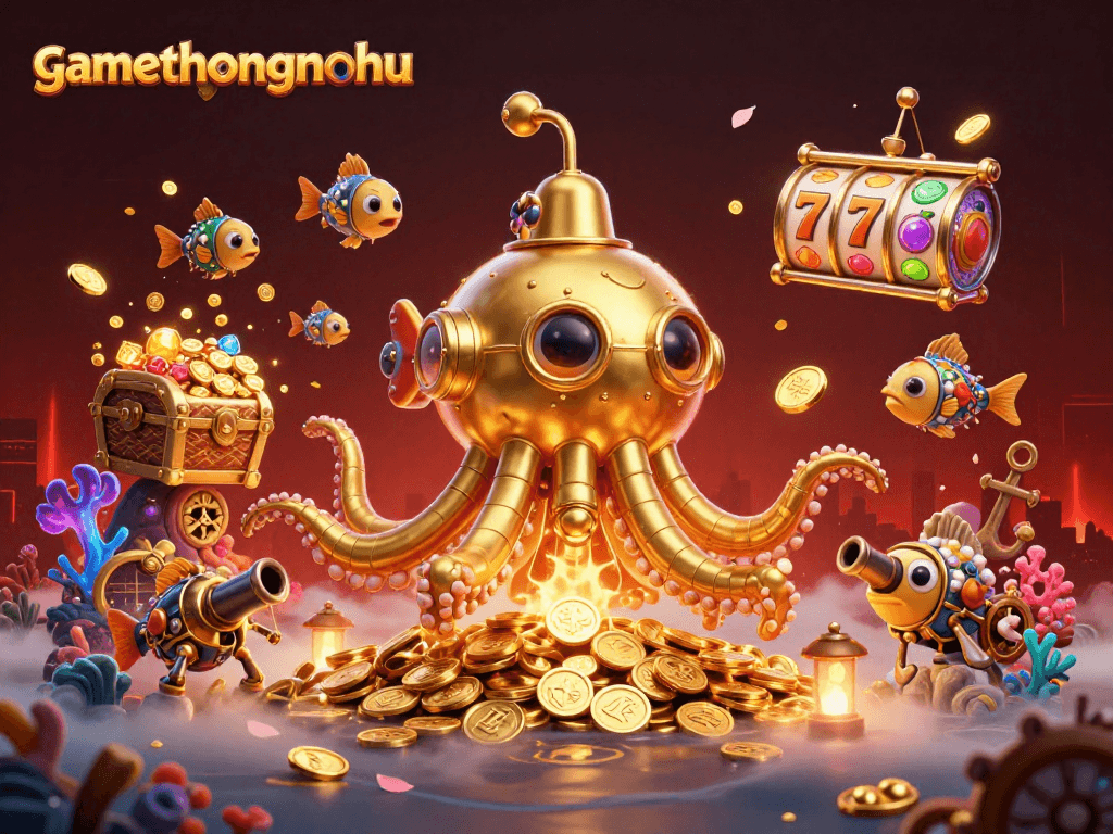 Experience gamethuongnohu with the golden kraken submarine amidst a dynamic underwater casino scene