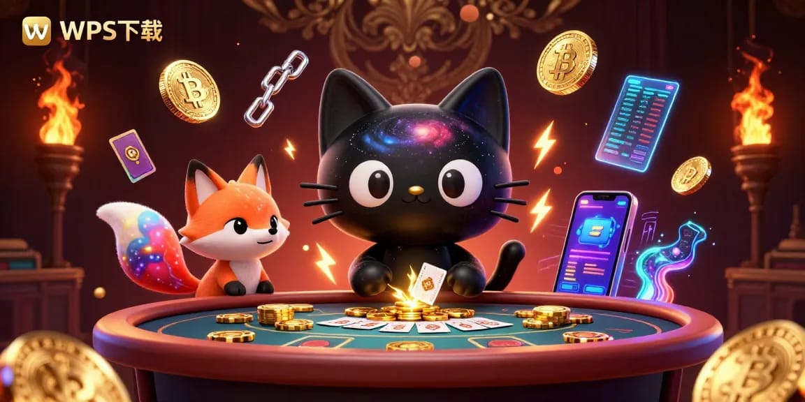 WPS下载在赌场场景中吸引黄金筹码的黑洞猫，与迷人的气体云狐狸交互，展示了奇妙的游戏体验。