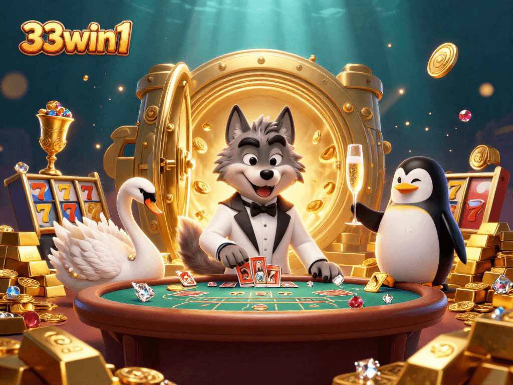 33win1 showcases a whimsical casino scene with rich characters, dynamic card dealing, and vibrant slots.