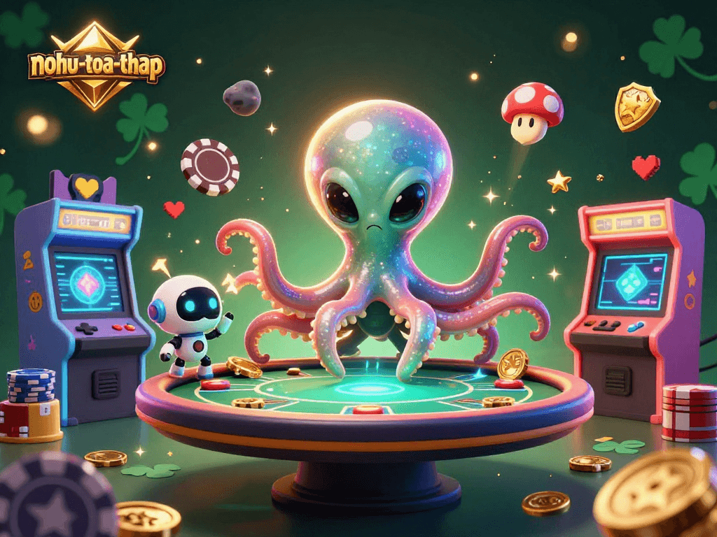 Engage with nohu-toa-thap at a vibrant 3D casino themed scene featuring an alien octopus and robot.