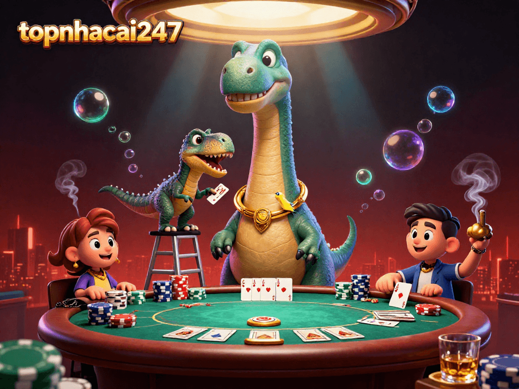 topnhacai247 showcases a giant brontosaurus in a vibrant casino environment, highlighting poker action and excitement.