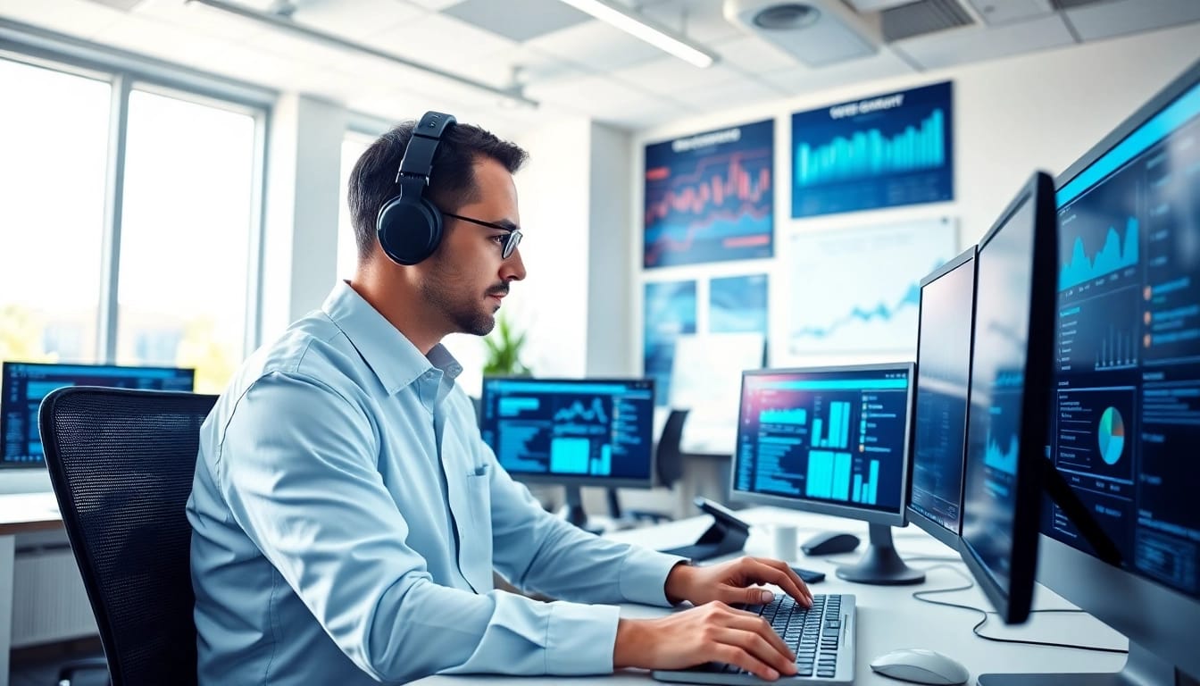 Analyze cybersmart data with a professional cybersecurity expert in a dynamic office.