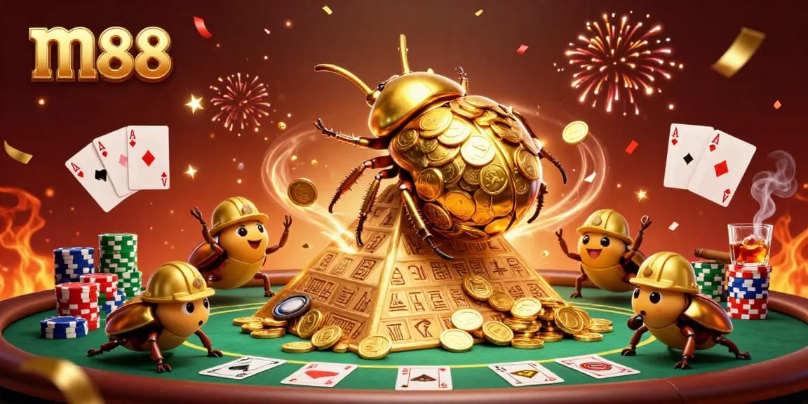 Experience the thrilling atmosphere of m88 with golden dung beetles rolling coins amid poker tables and vibrant celebrations.