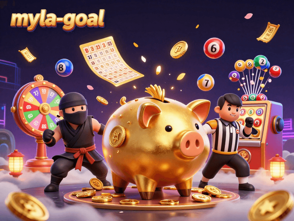 Experience myla-goal with golden piggy banks and dynamic lottery balls in an engaging casino scene.