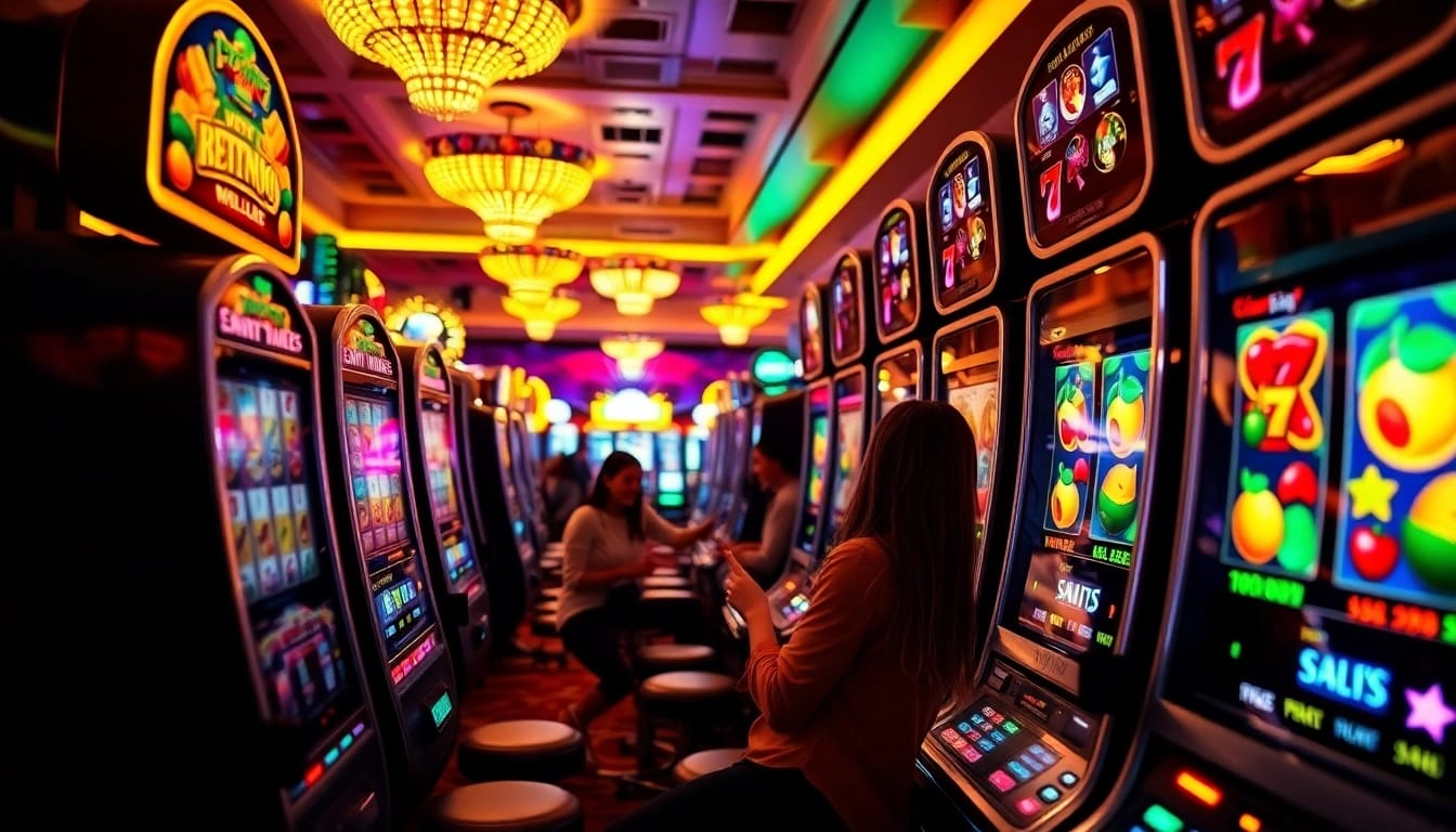 Exciting slot gambling scene featuring colorful slot machines and eager players in a casino.