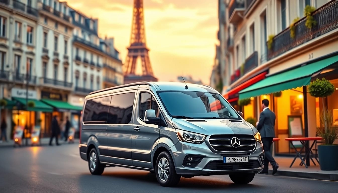 Orly Airport to Paris Transfer vehicle ready for passengers in a vibrant Parisian setting.