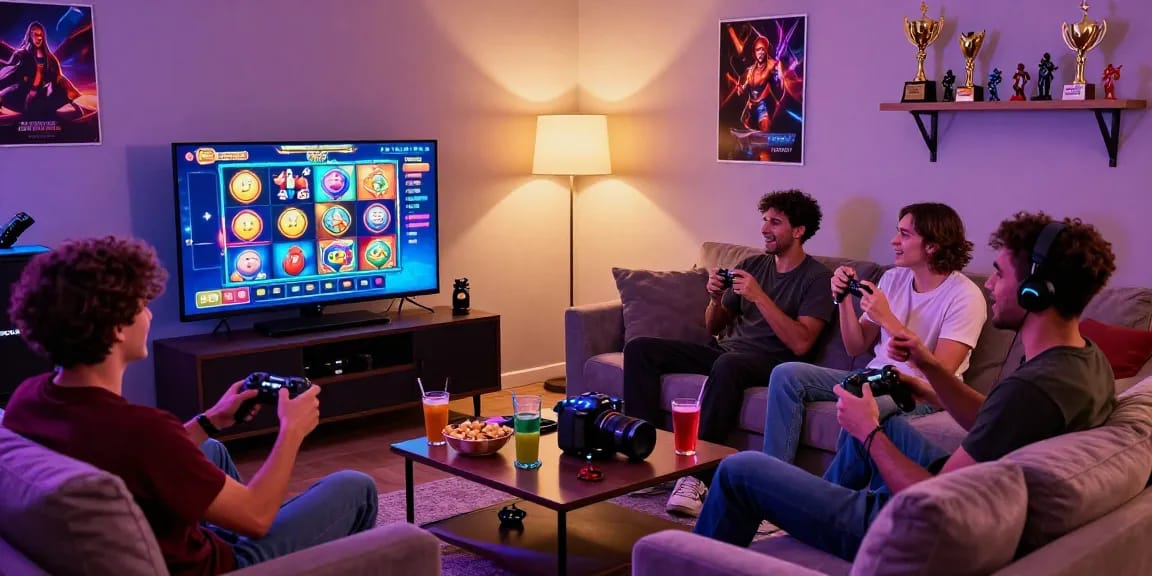 Friends joyfully gaming online with MPOCASH while enjoying snacks and drinks, showcasing a vibrant gaming atmosphere.