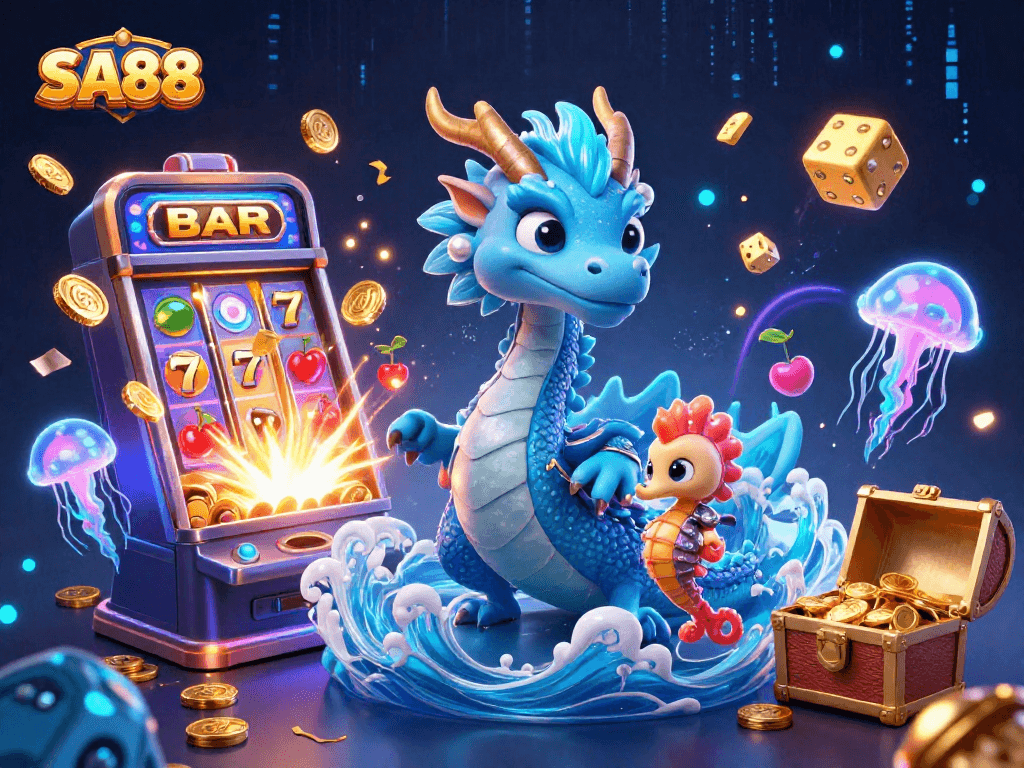 Engage in thrilling gameplay at SA88 with a captivating 3D illustration of a dragon and casino elements.