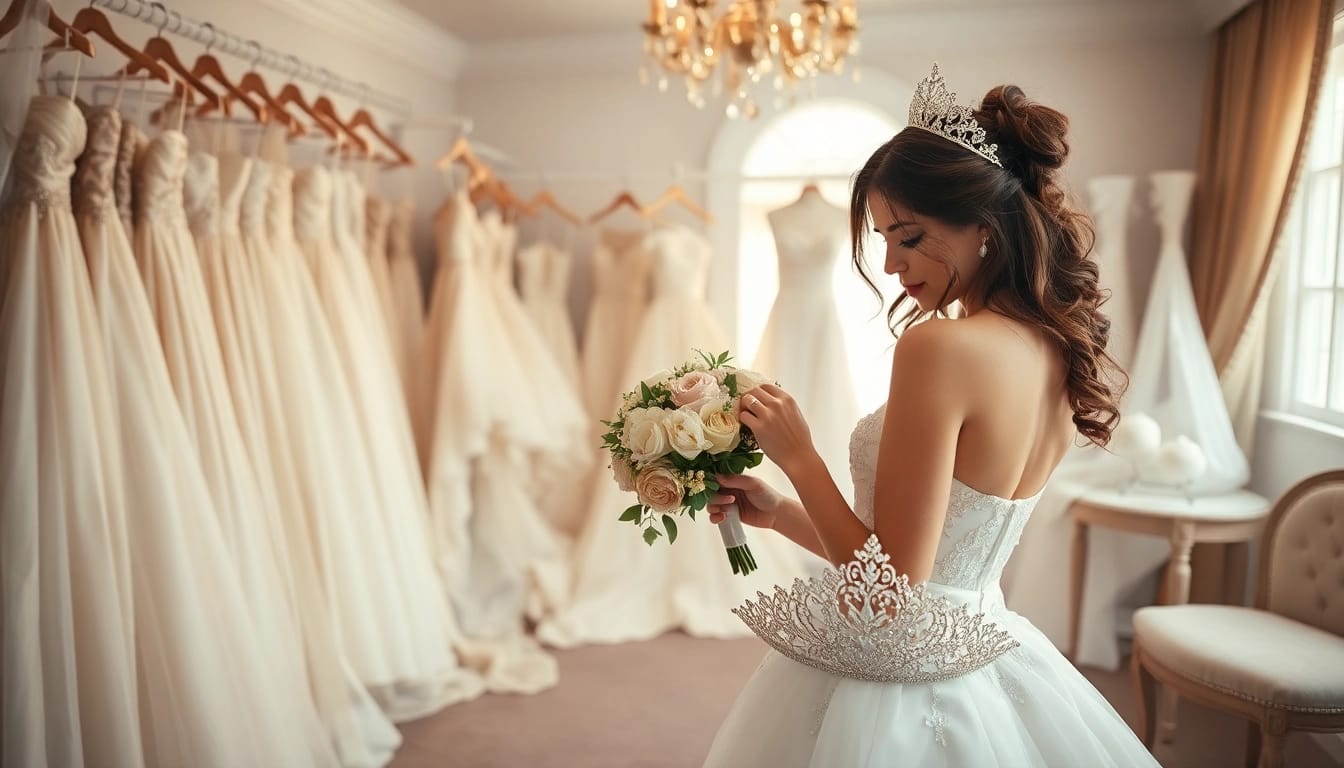 Bridal styling in an elegant setting with a stylist arranging a bouquet and tiara.