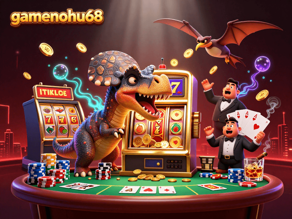 gamenohu68 showcases a vibrant 3D scene with a pachycephalosaurus hitting a slot machine for jackpot coins.