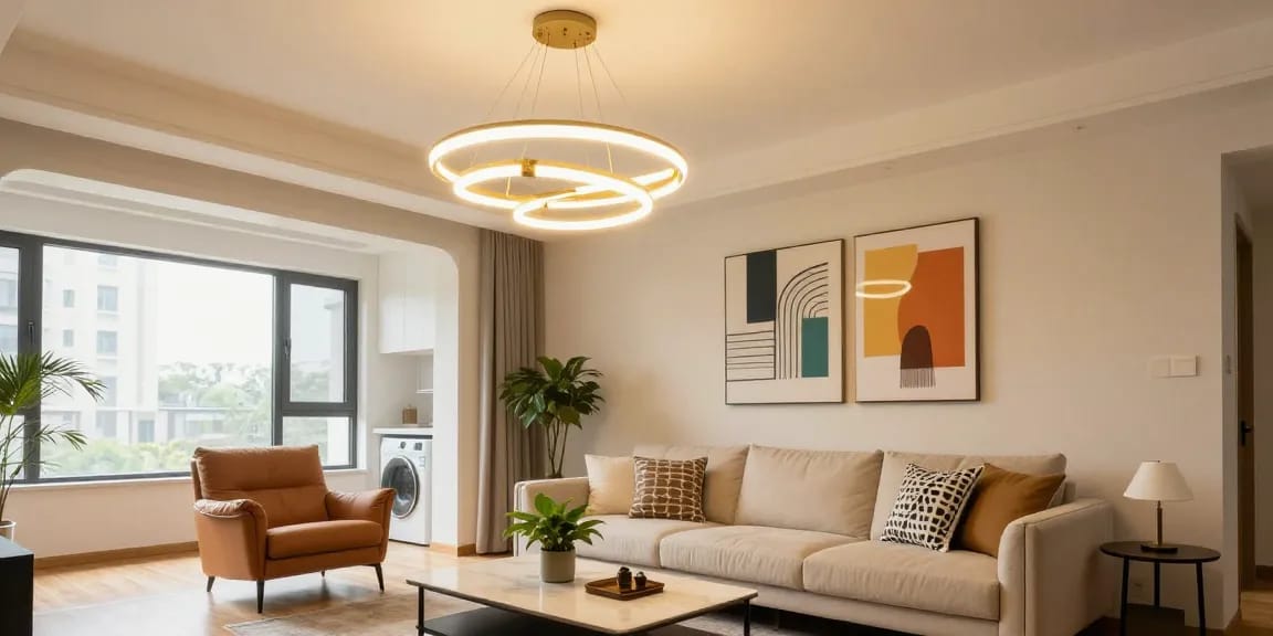 Lustre LED suspendate într-un living modern, iluminând elegant spațiul cu un decor contemporan.