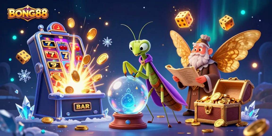 BONG88 showcases a vibrant casino scene featuring a fortune teller and mystical elements for gamers.
