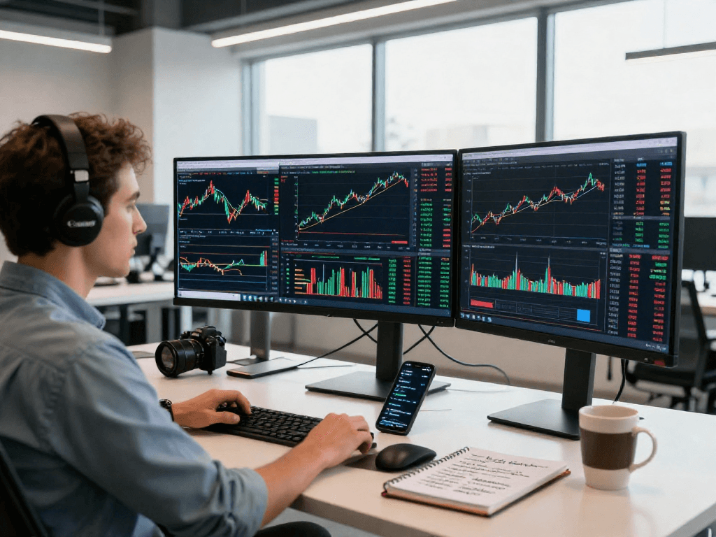 TradingView 实时行情分析交易者在现代办公桌前，显示屏展示多资产市场数据。