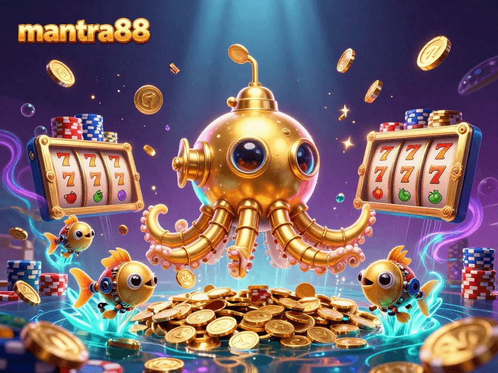 Experience thrilling gameplay at mantra88 with a dynamic golden kraken submarine and slot machine reels!