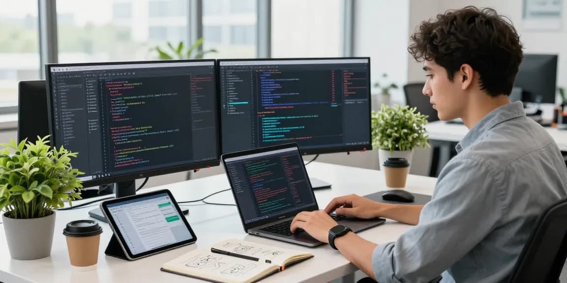 Developer focused on building internal tools with AI in a vibrant workspace, showcasing dual monitors and project management tools.