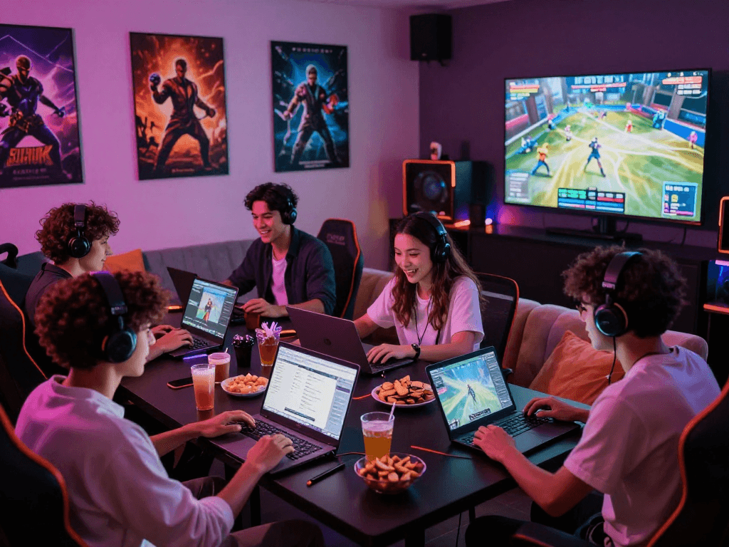 Exciting gaming lounge scene with friends enjoying diverse porn games.