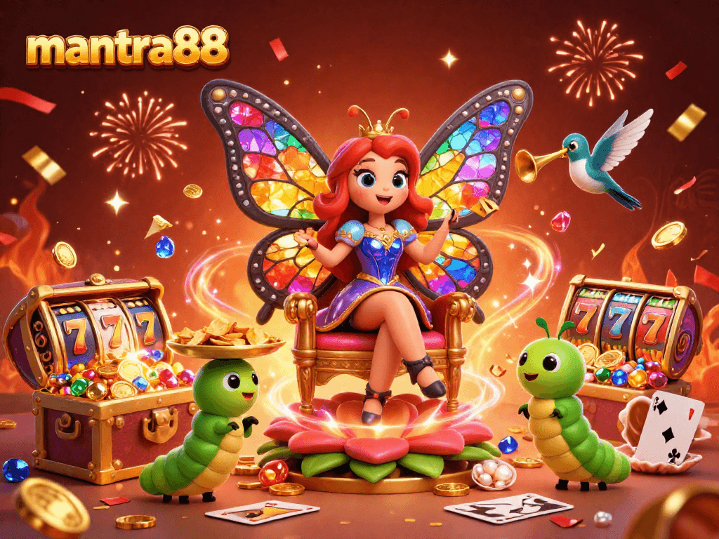 Engage with mantra88's thrilling slots as the 3D butterfly queen celebrates jackpots amidst vibrant casino elements.