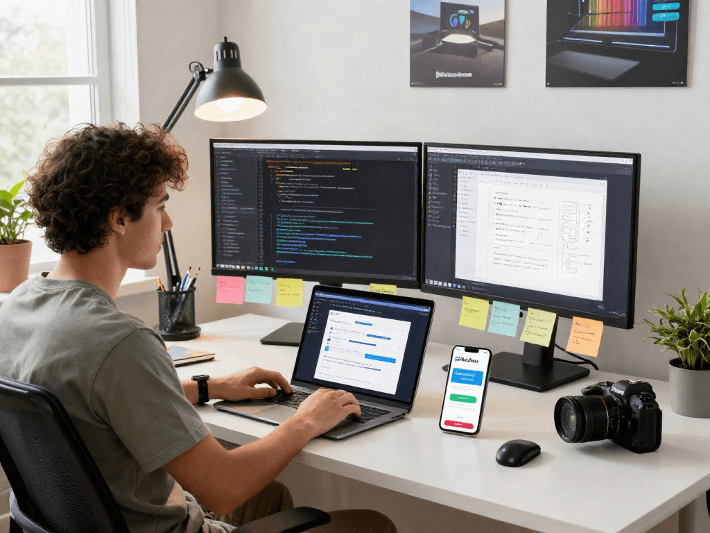Mobile app developer working on the Pikashow apk download process in a modern workspace, showcasing coding and design.