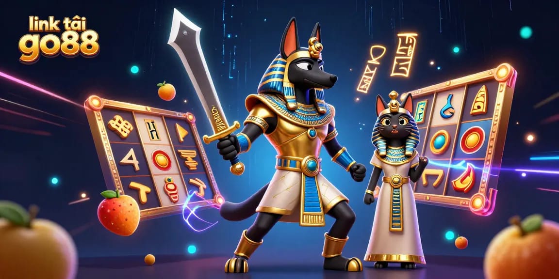 Engage with excitement through the link tải go88, featuring a vibrant 3D depiction of Anubis and Bastet amidst casino action.