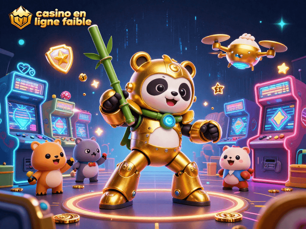 Visuel captivant d'un casino en ligne fiable avec panda doré en mecha, jeux arcade animés.