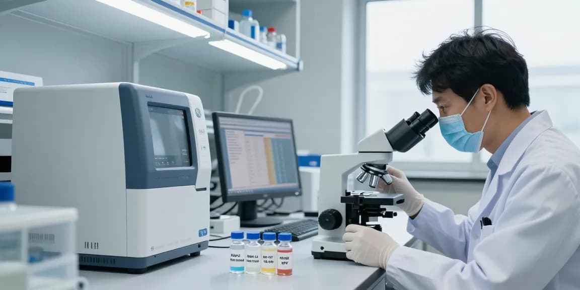 Research peptide stack analysis in a professional lab setting, featuring Klow Peptide Stack with GHK-Cu, BPC-157, TB-500, and KPV.